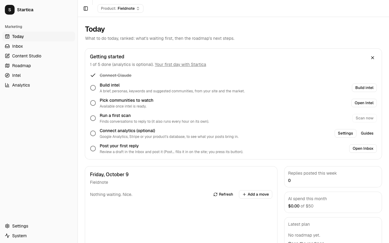Today with the Getting started checklist: 1 of 5 done (analytics is optional), Connect AI struck through, and buttons for Build intel, Open Intel, Scan now, Settings, Guides and Open Inbox