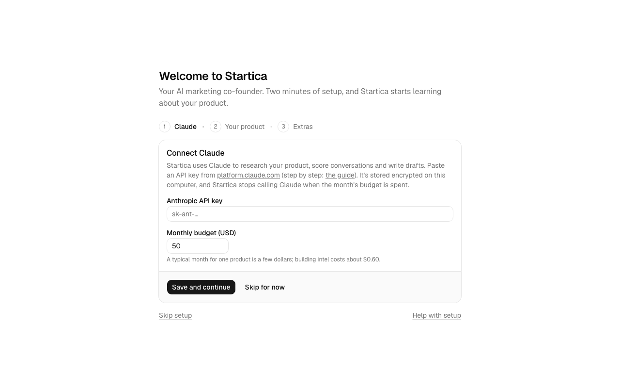 The Connect AI step of the welcome wizard, with the provider choice, the API key and Monthly budget fields