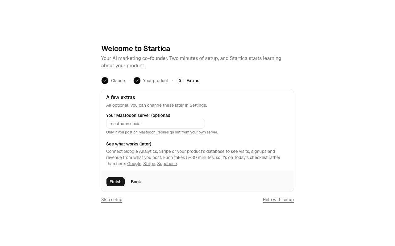 The A few extras step, with the Mastodon server field, links to the Google, Stripe and Supabase guides, and the Finish and Back buttons