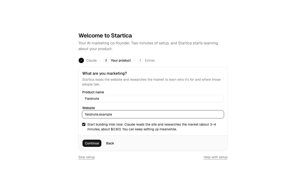 The What are you marketing step, with Product name Fieldnote, Website fieldnote.example and the Start building intel now checkbox ticked